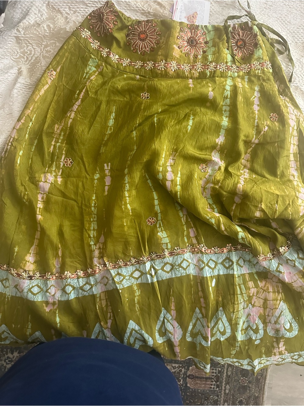Boho Embroidered Maxi Skirt in Olive Green - Picture 2 of 4